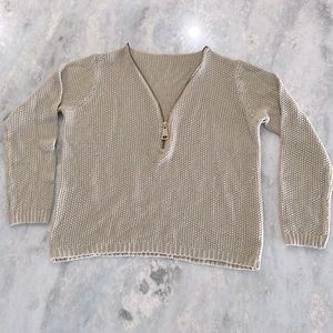 Women’s Beige Knit Sweater with Gold 1/2 Zipper, Large